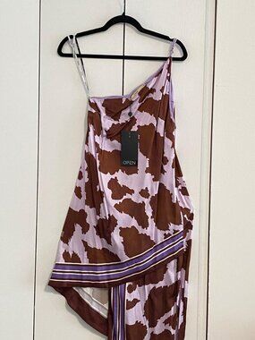 OPEN - Asymmetrical Cow Print Slip Dress (Midi)
